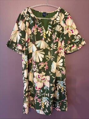 KAARI blue Olive Green Floral Shift Dress with bell sleeves size Large